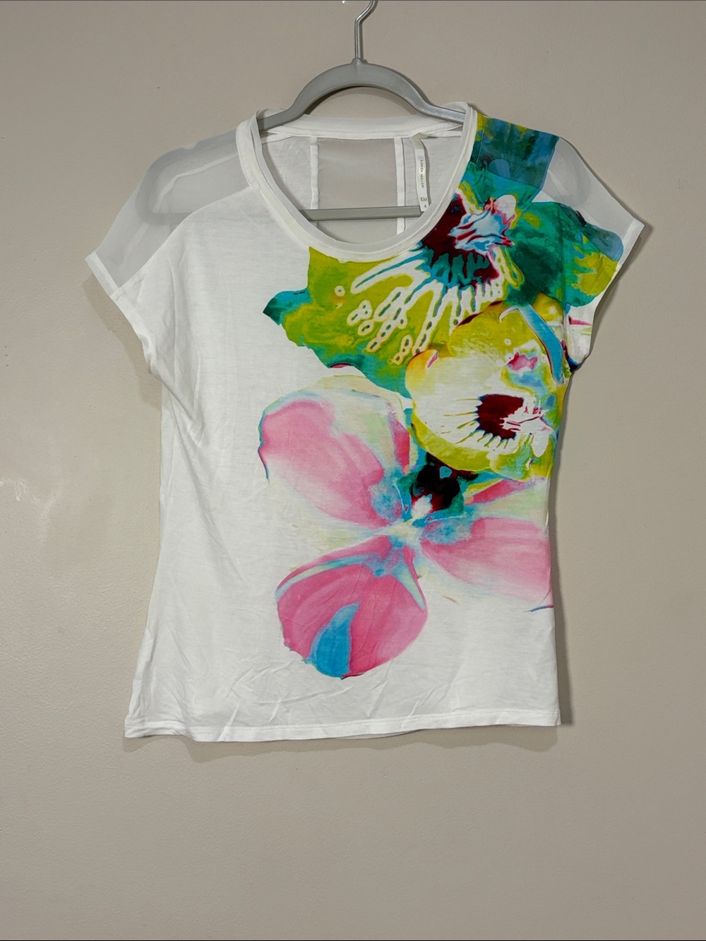 Karen Millen | Floral cap sleeve t-shirt mesh top Orchid women’s size 4 layer